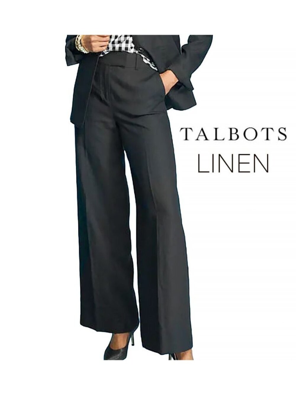 Talbots crease front black classic pure linen wide-leg pants, size 8P